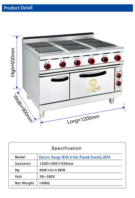 29KW Electric Cooking Equipment Stainless Steel 176kg WeightElectric 6 Hot Plate Cooker With Oven( Square)