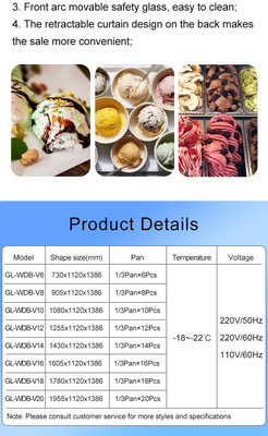 Commercial Ice Cream Showcase Refrigeration Unit 220-240V 2N-50HZ 1/4*6PAN PCS Air Cooling 2200W Power