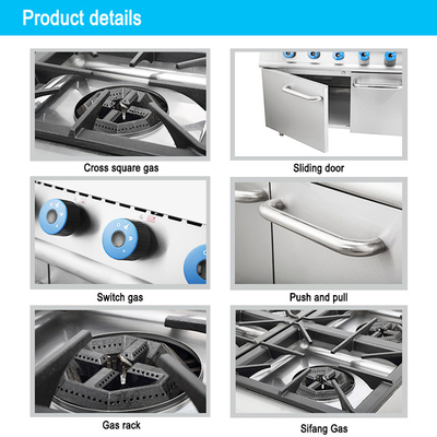 Gas Powered Heavy Duty Hotel Cooking Range with Oven SS304 Construction for Large Scale Food Production.
