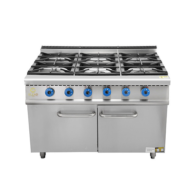 Gas Powered Heavy Duty Hotel Cooking Range with Oven SS304 Construction for Large Scale Food Production.