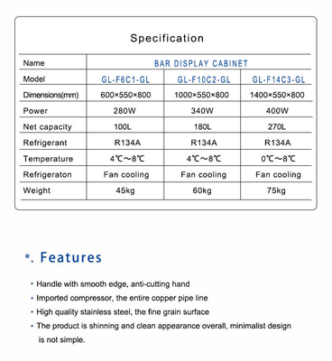 Hotel Bar Refrigeration System Fan Cooling 130KG N.W 180L Capacity 340W Power 4-8.C Temperature
