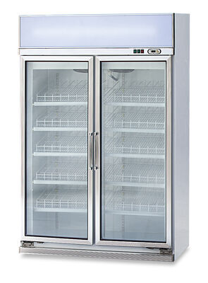 Double Glass Door Upright Ventilated Display Cooler with Top Light Box