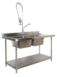 Commercial Kirchen Stainless Steel Inlet And Outlet Bench With Double Sink Bowl Assembling Sink Table