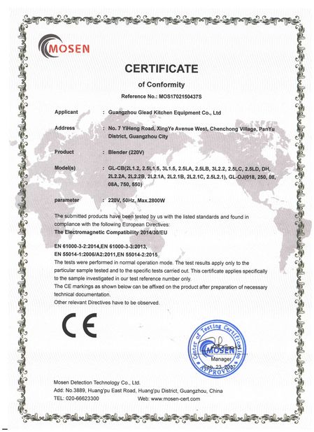 China Guangzhou Glead Kitchen Equipment Co., Ltd. Certification